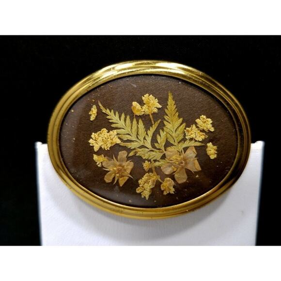 Vintage Pressed Flowers Brooch Read Flowers Plastic Cover Brown Background 1960s - Picture 4 of 7